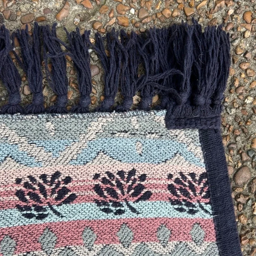Vintage Floral Woven Tapestry Throw Blanket Navy Pink Boho Fringe Knit